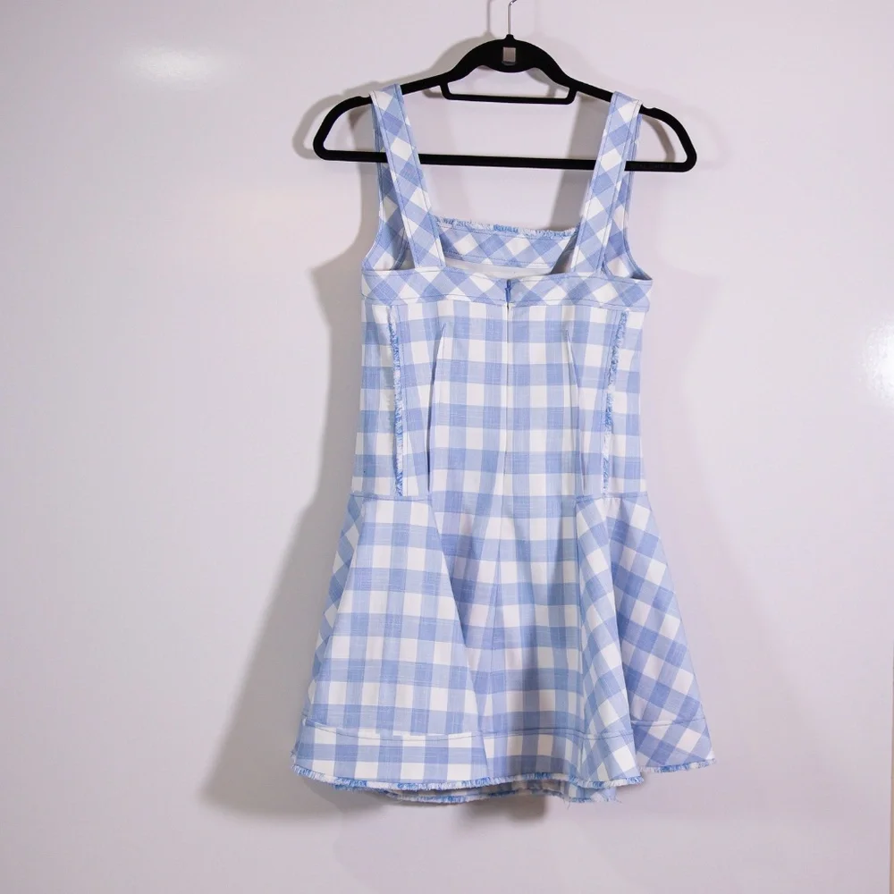 Simkhai Hannalie Blue Hydrangea White Gingham Check Plaid Fit Flare Mini Dress 4 - Picture 4 of 4